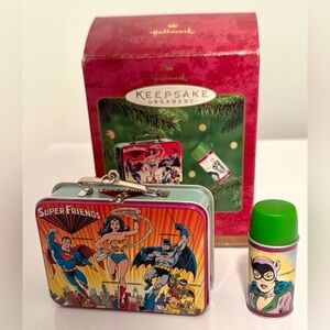 2000 Hallmark Keepsake Ornament Super Friends Lunch Box and Thermos Set